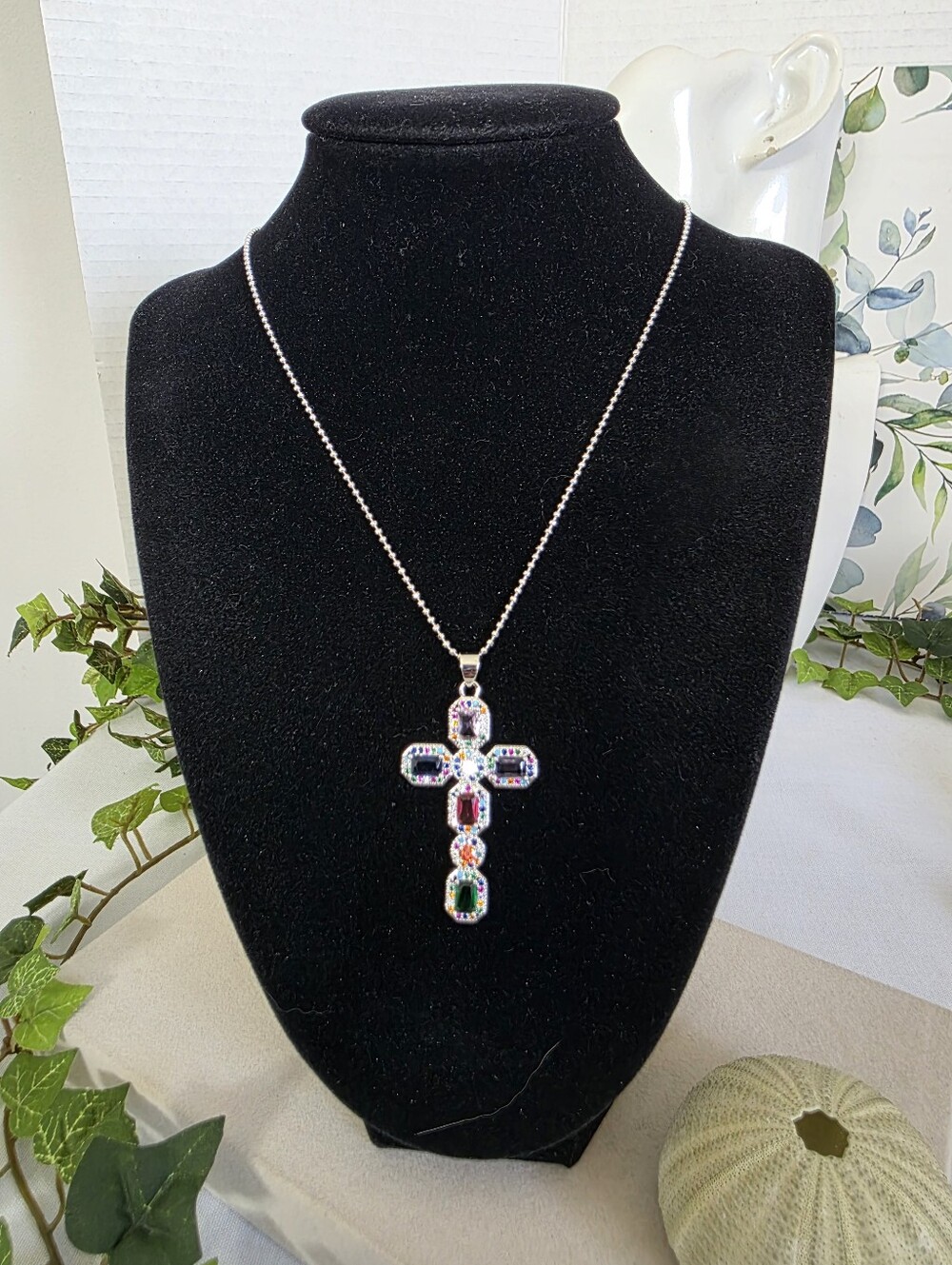 White Gold Filled Multicolor CZ Crystal Cross Pendant Necklace Set Statement
